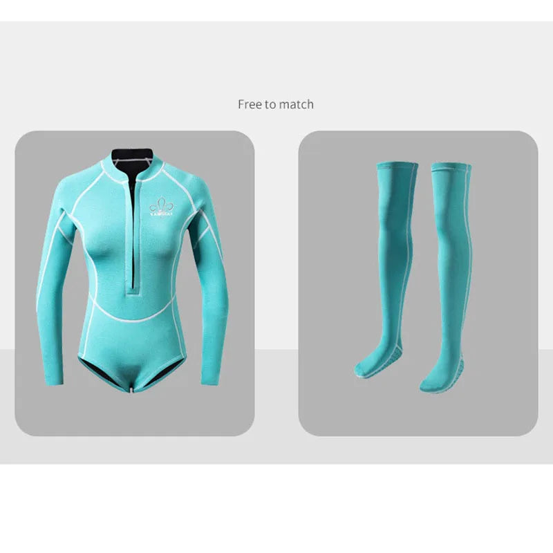 Women's Neoprene Wetsuit and Diving Stocking, Long Sleeve Skin Diving Suit, Sun-proof, Surfing, Snorkeling Swimwear, 2mm, Summer