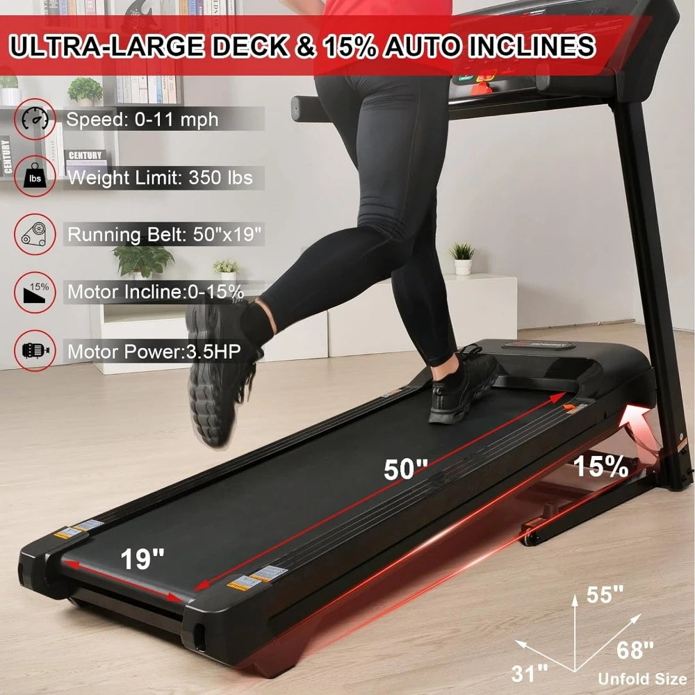 Folding Treadmill with Auto Incline 15%, Ultra Large Running Area, Heart Rate Monitor Armband, HRC Training for Home Walking