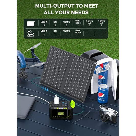 MARBERO Camping Solar Generator 88Wh Portable Power Station 120W Peak Generator with Solar Panel Included 21W, AC, DC, USB QC3.0