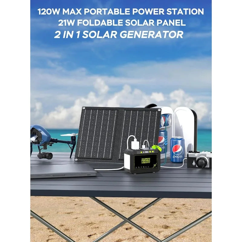 MARBERO Camping Solar Generator 88Wh Portable Power Station 120W Peak Generator with Solar Panel Included 21W, AC, DC, USB QC3.0