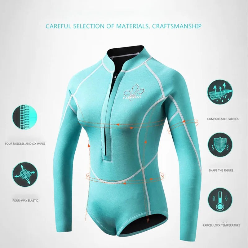 Women's Neoprene Wetsuit and Diving Stocking, Long Sleeve Skin Diving Suit, Sun-proof, Surfing, Snorkeling Swimwear, 2mm, Summer